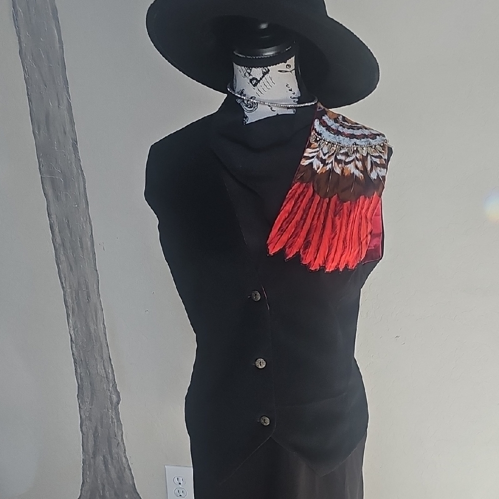 Black Vest with Red Feather Detail